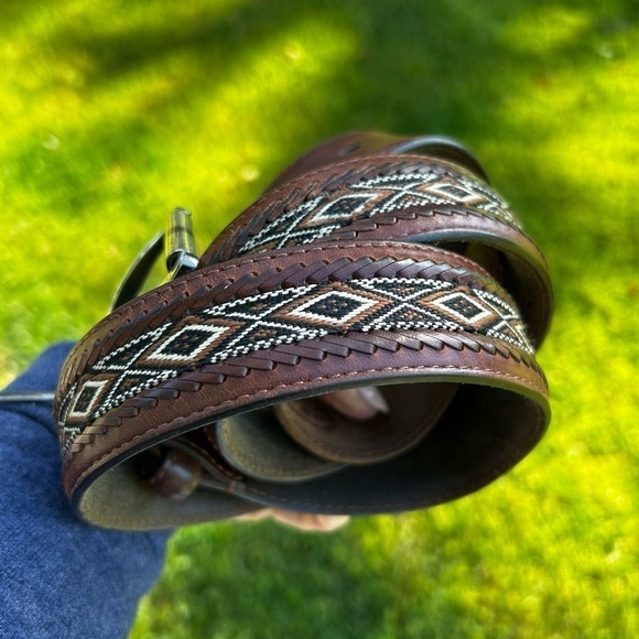 BRIGHTON Leather Belt with Woven Aztec / Western Design | Size 40” - Picture 3 of 9